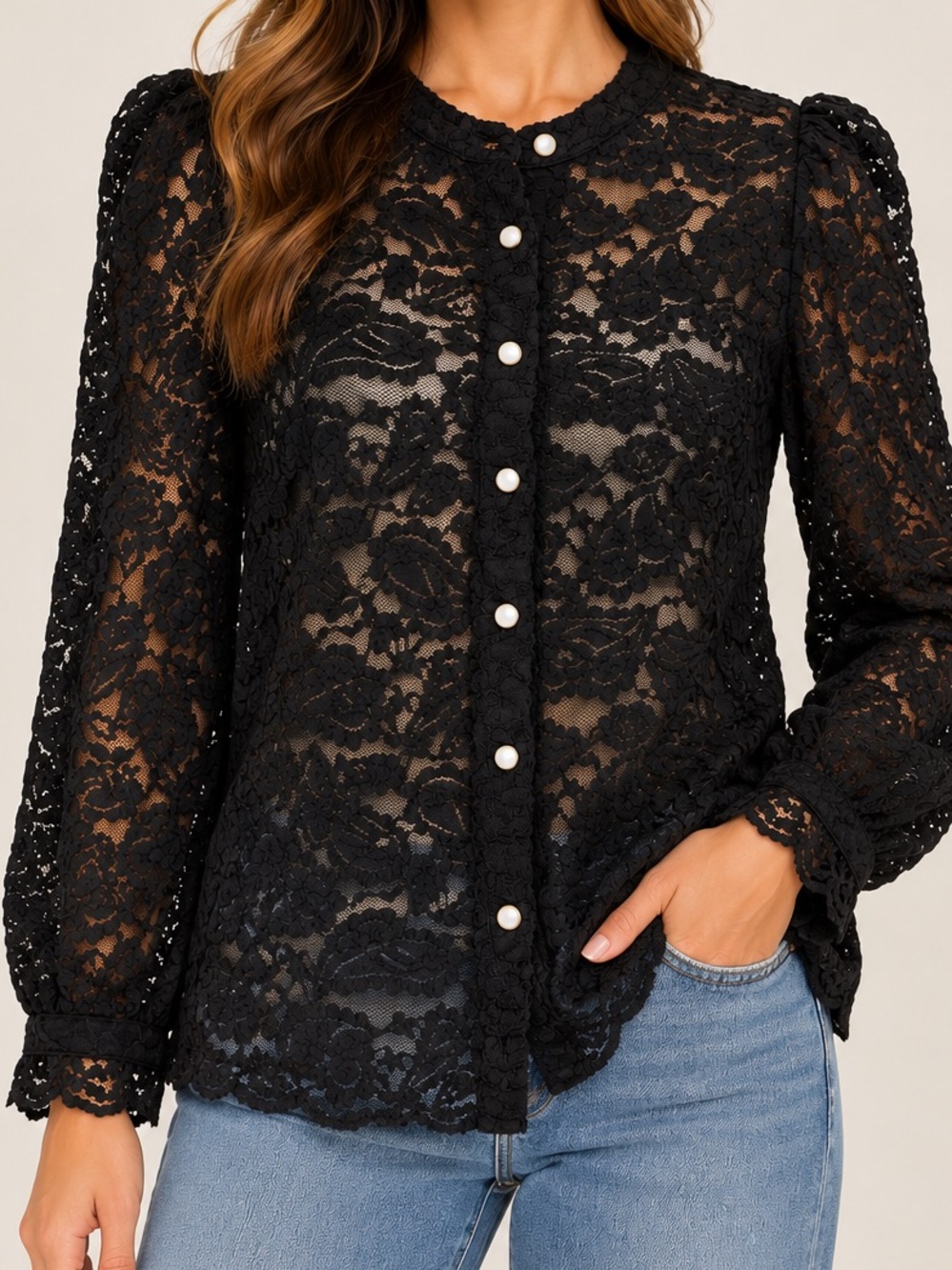 Black Floral Lace Blouse Sheer Button Front Romantic Goth Pretty Garden Size S